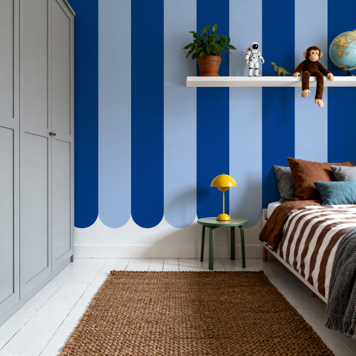 Scalloped Circus Stripes, Blue on Blue Mural Wallpaper - room preview 04