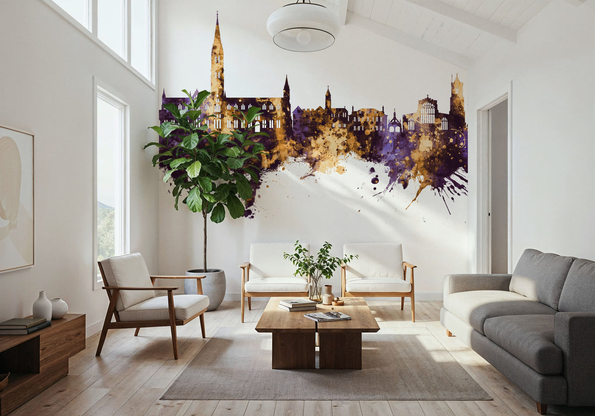 Salisbury England Skyline Purpl & Gold Mural Wallpaper - room preview 04