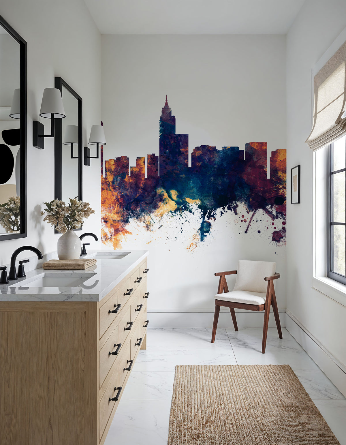 Raleigh North Carolina Skyline Blue & Bronze Mural Wallpaper - room preview 04