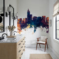 Raleigh North Carolina Skyline Blue & Bronze Mural Wallpaper - room preview 04