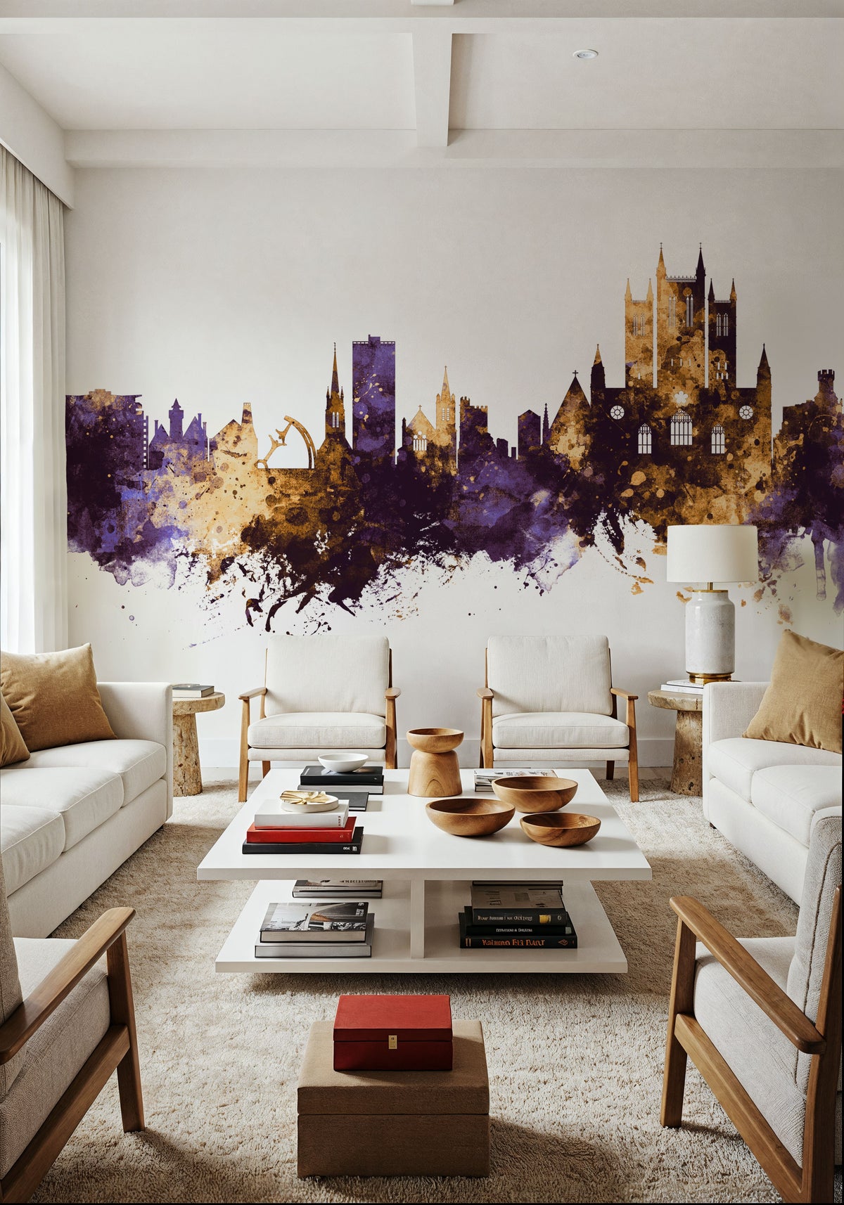 Lincoln England Skyline Purple & Gold Mural Wallpaper - room preview 04