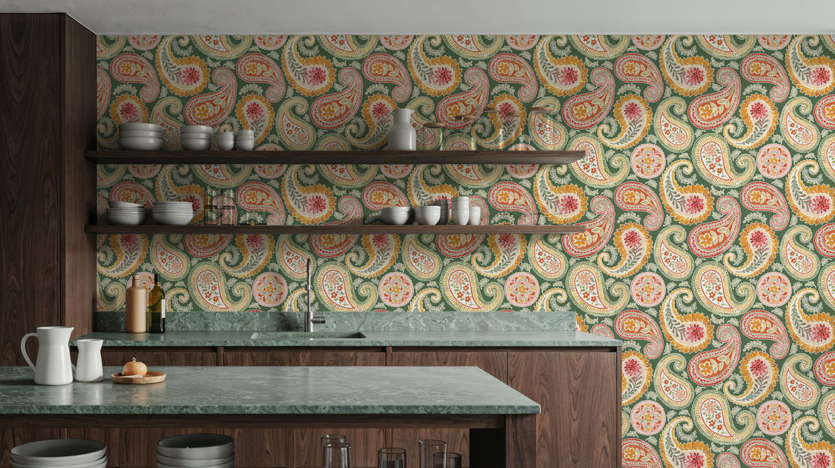 Harvest Paisley Green Mural Wallpaper - room preview 04