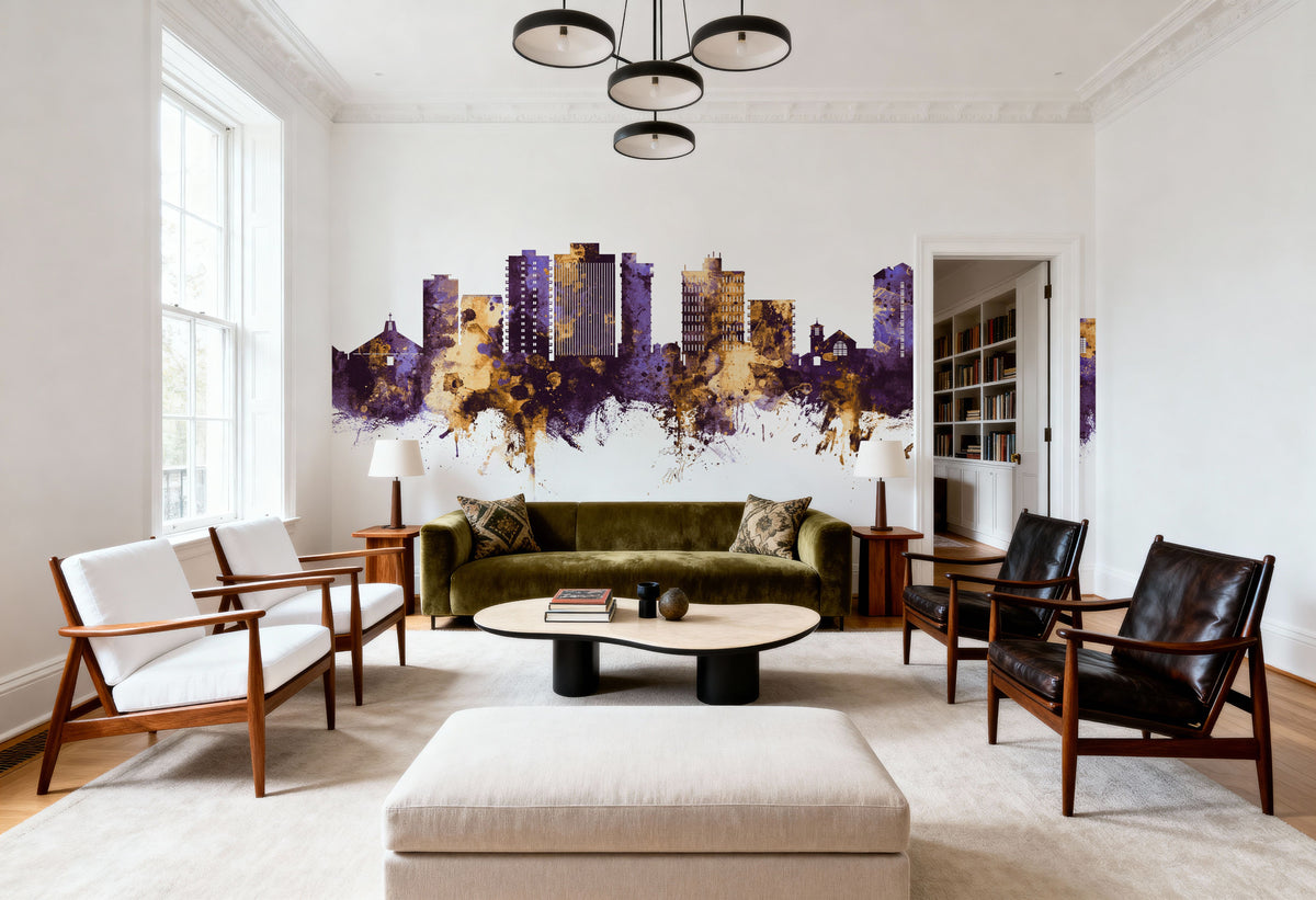 San Mateo California Skyline Purple & Gold Mural Wallpaper - room preview 04