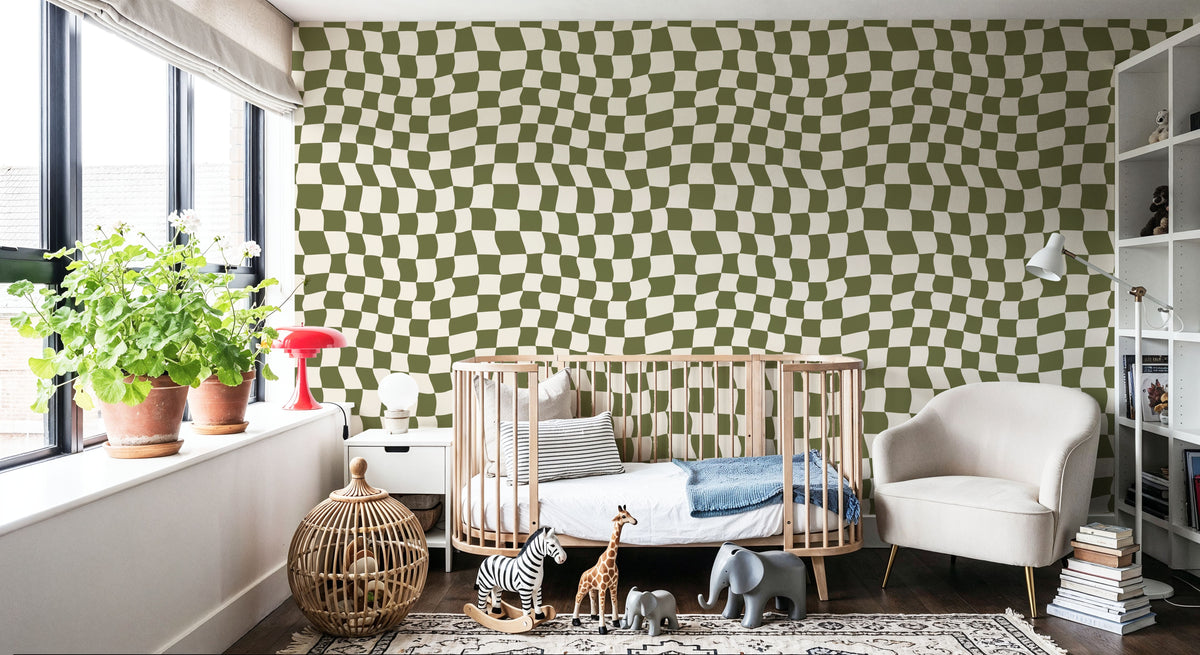 Warped Checkerboard, Olive Mural Wallpaper - room preview 04