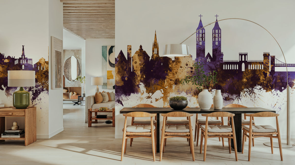 Kassel Germany Skyline Purple & Gold Mural Wallpaper - room preview 04