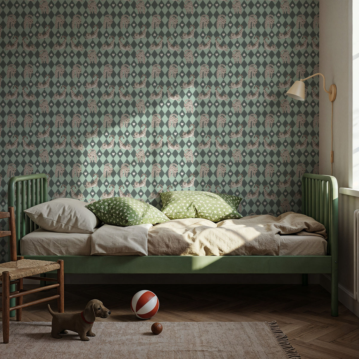 Harlequin Kittens, Sage Mural Wallpaper - room preview 04