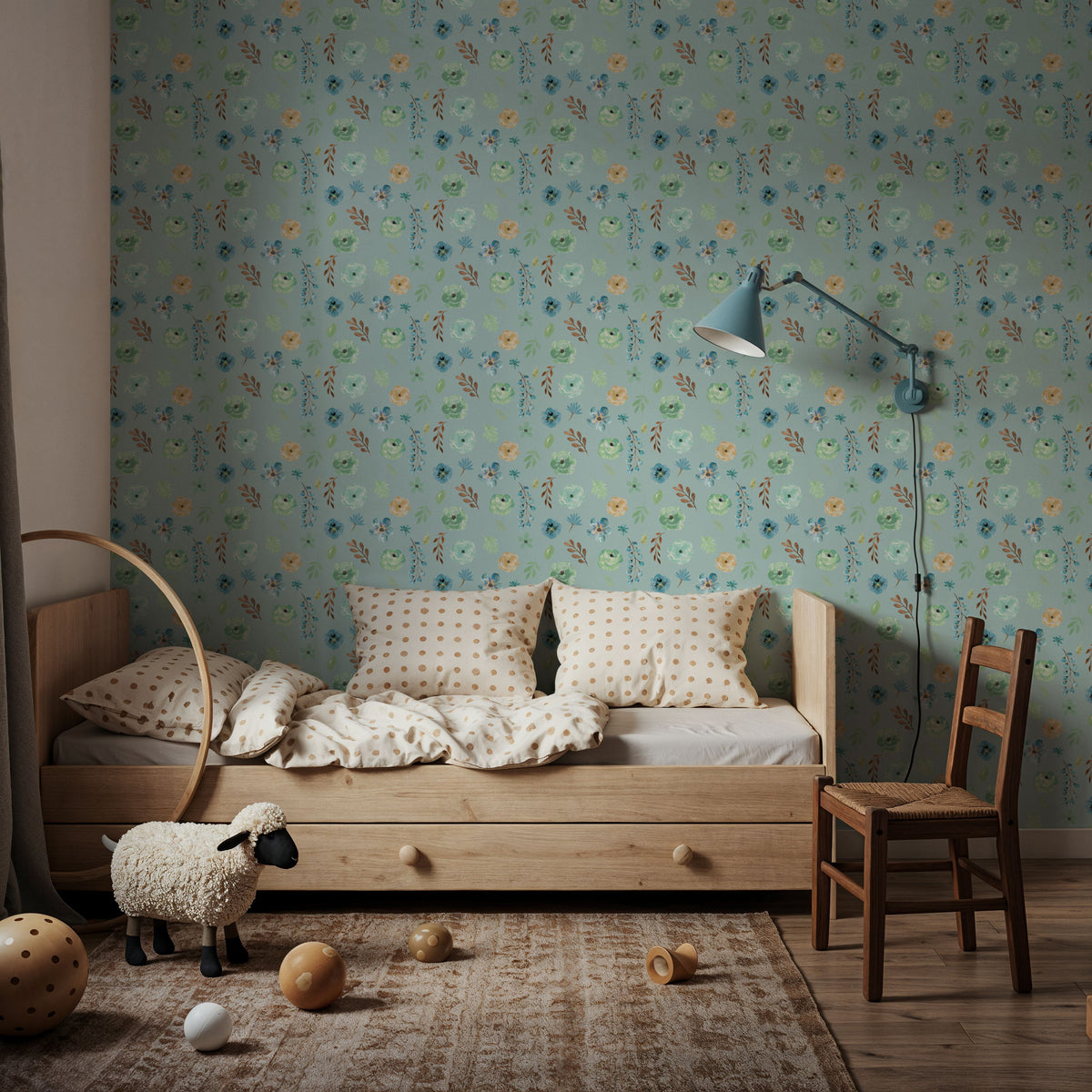 Flutterby Flowers Sky Blue Mural Wallpaper - room preview 04