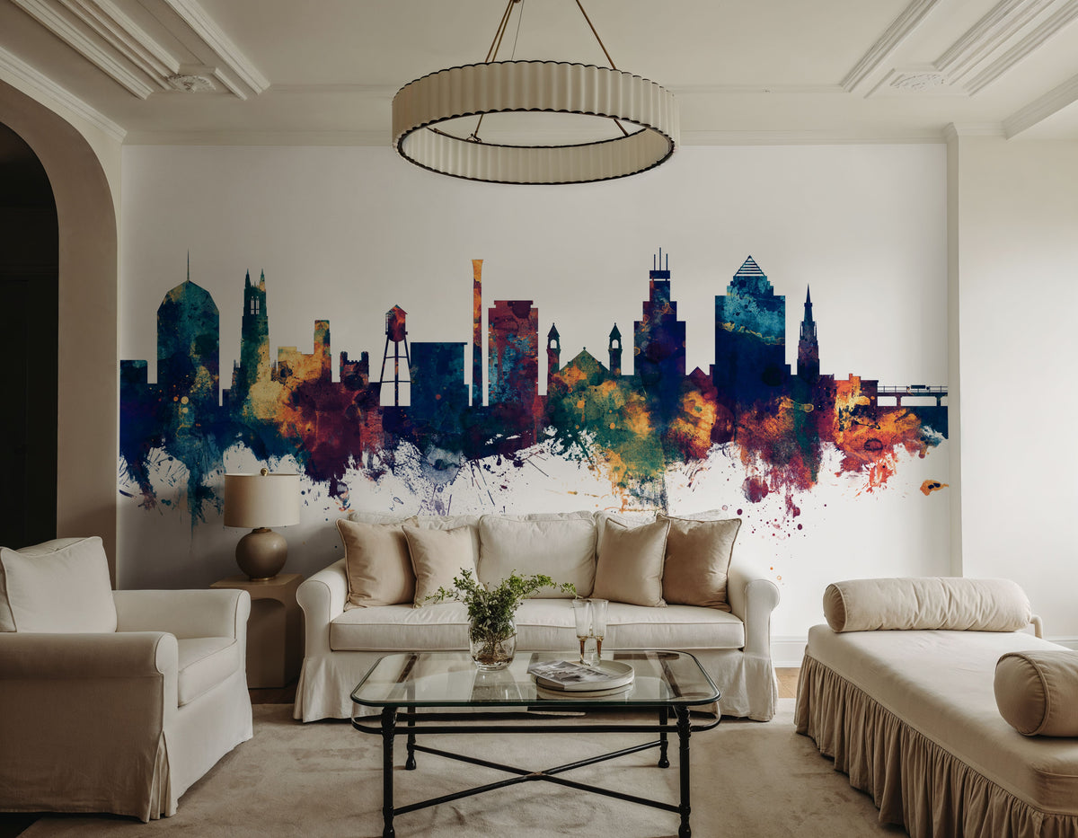 Durham North Carolina Skyline Blue & Bronze Mural Wallpaper - room preview 04