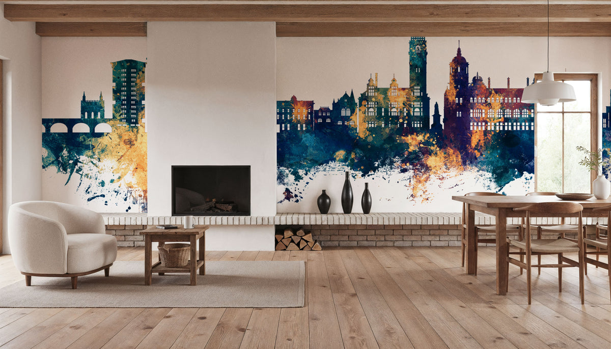 Wakefield England Skyline Blue & Bronze Mural Wallpaper - room preview 04