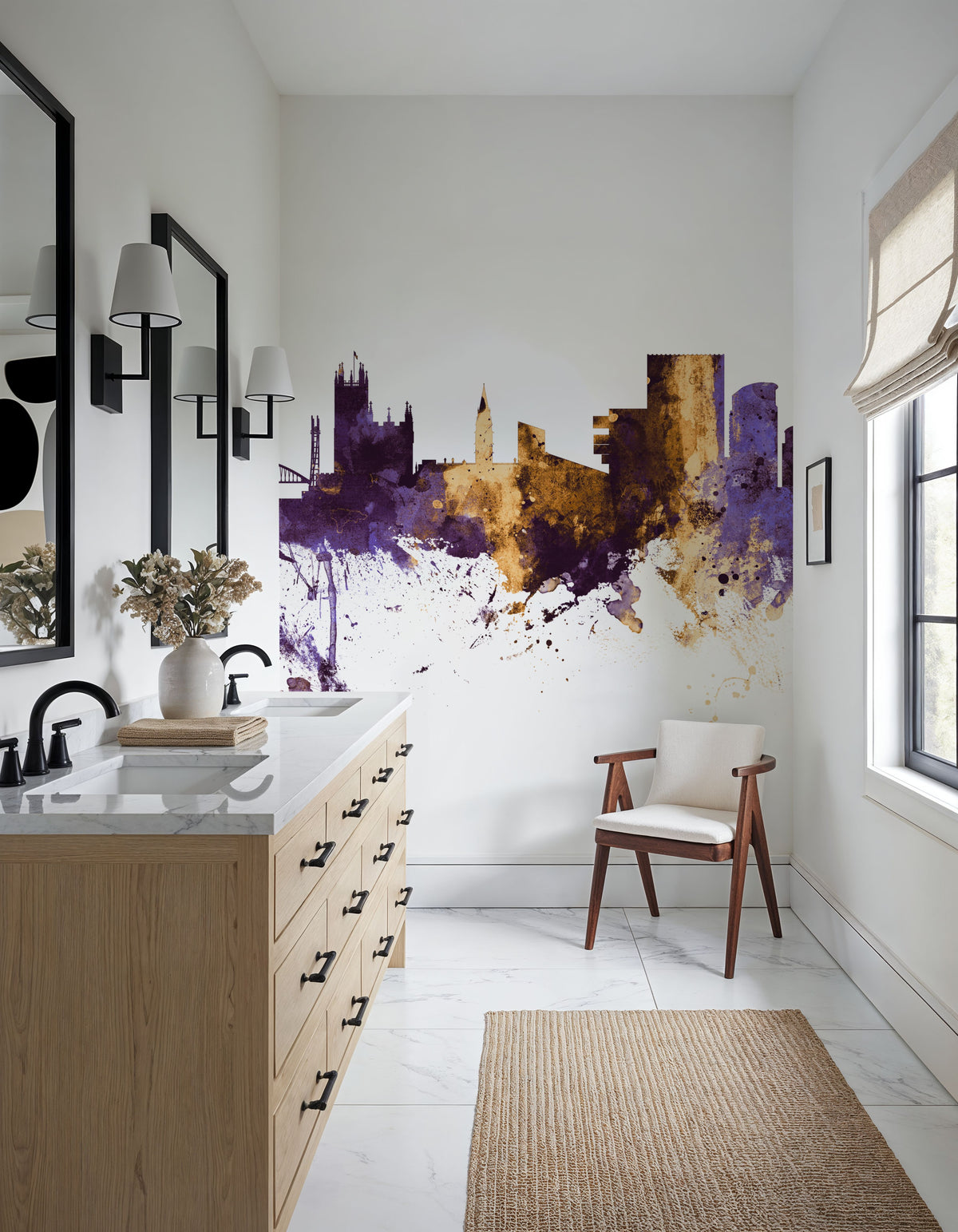 Manchester England Skyline Purple & Gold Mural Wallpaper - room preview 04