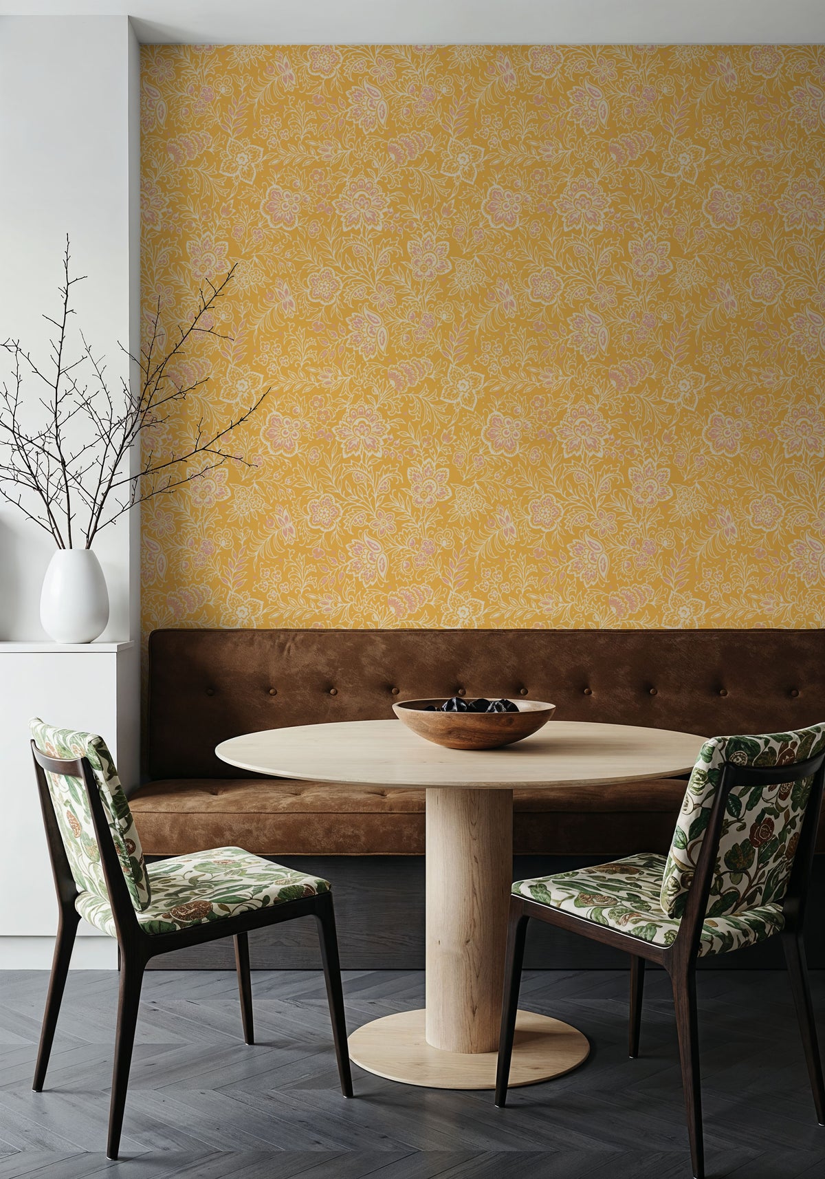 Kala Flowers White on Yellow Mural Wallpaper - room preview 04