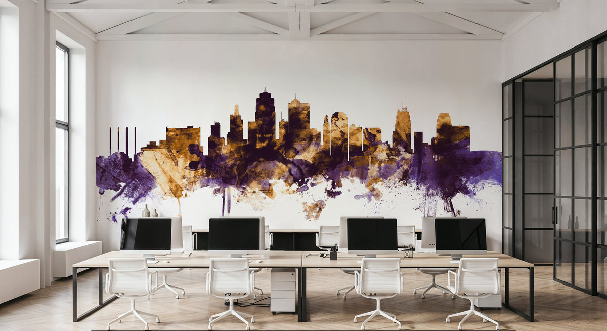 Kansas City Missouri Skyline Purple & Gold Mural Wallpaper - room preview 04