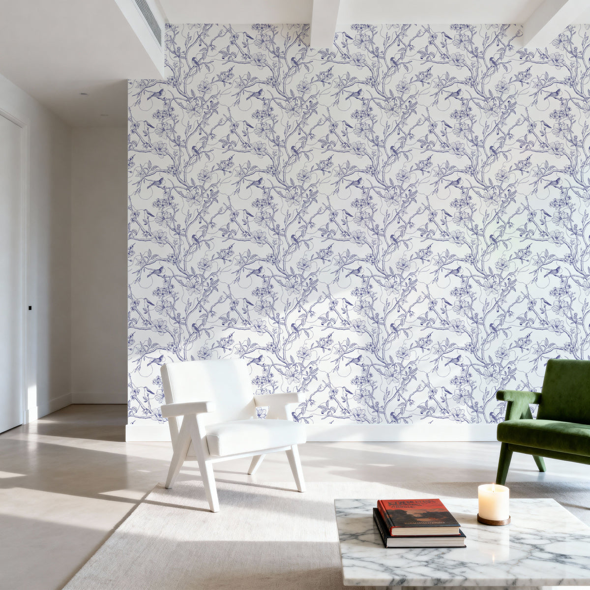 Trailing Tree of Life, Blue on White Mural Wallpaper - room preview 04