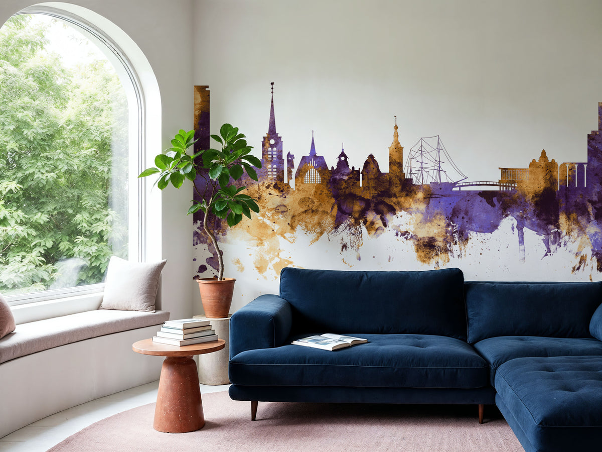 Halmstad Sweden Skyline Purple & Gold Mural Wallpaper - room preview 04