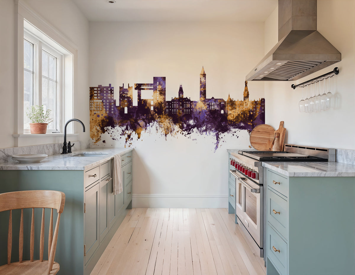Ithaca New York Skyline Purple & Gold Mural Wallpaper - room preview 04