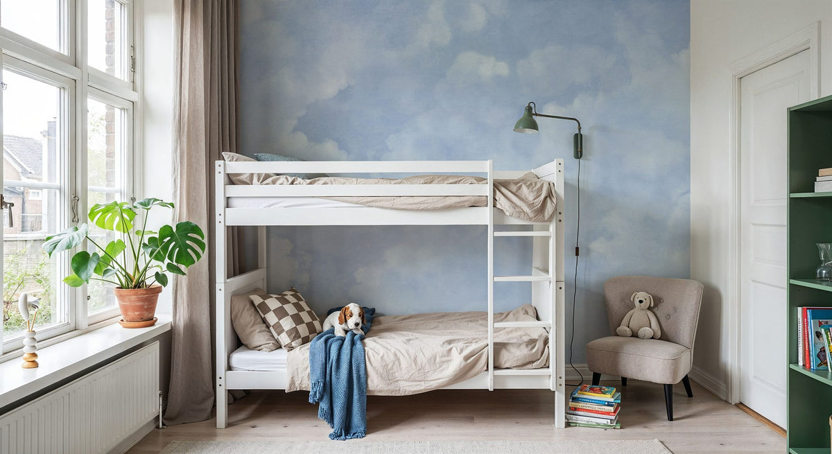 Painted Dreamy Clouds, Bright Blue Mural Wallpaper - room preview 04