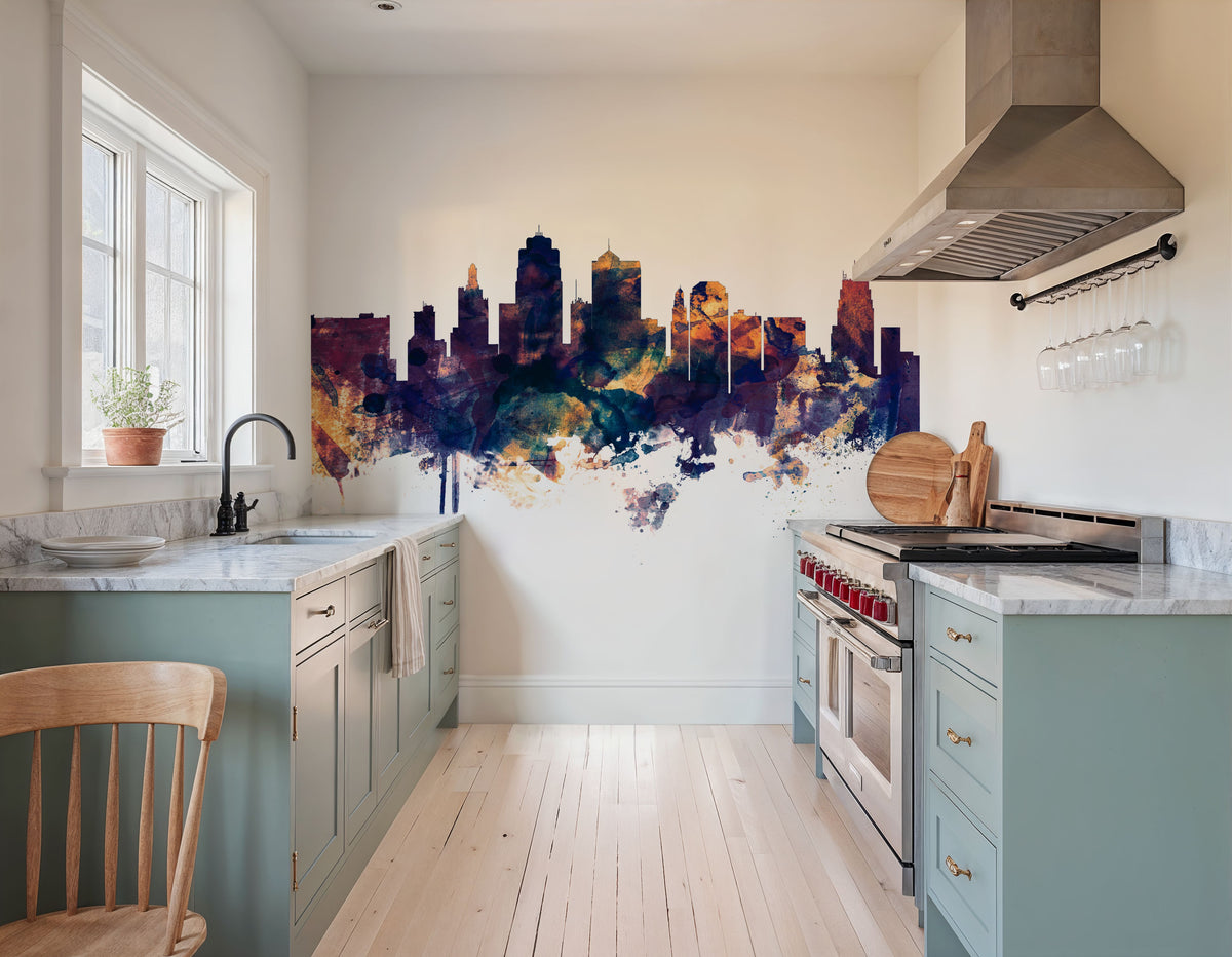 Kansas City Missouri Skyline Blue & Bronze Mural Wallpaper - room preview 04