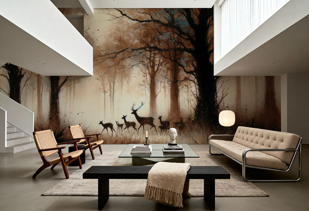 Deer Family in Misty Sepia Mural Wallpaper - room preview 04