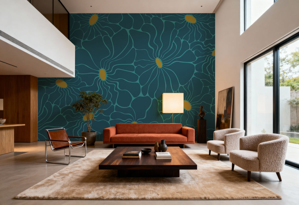 Cool Fluid Flowers Mural, Teal Mural Wallpaper - room preview 04
