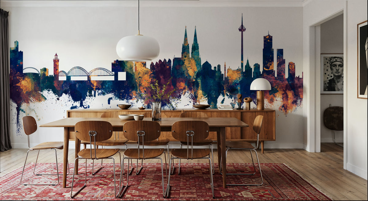 Cologne Germany Skyline Blue & Bronze Mural Wallpaper - room preview 04