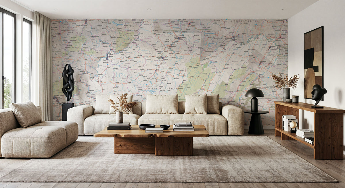 West Virginia Detailed Map Mural Wallpaper - room preview 04