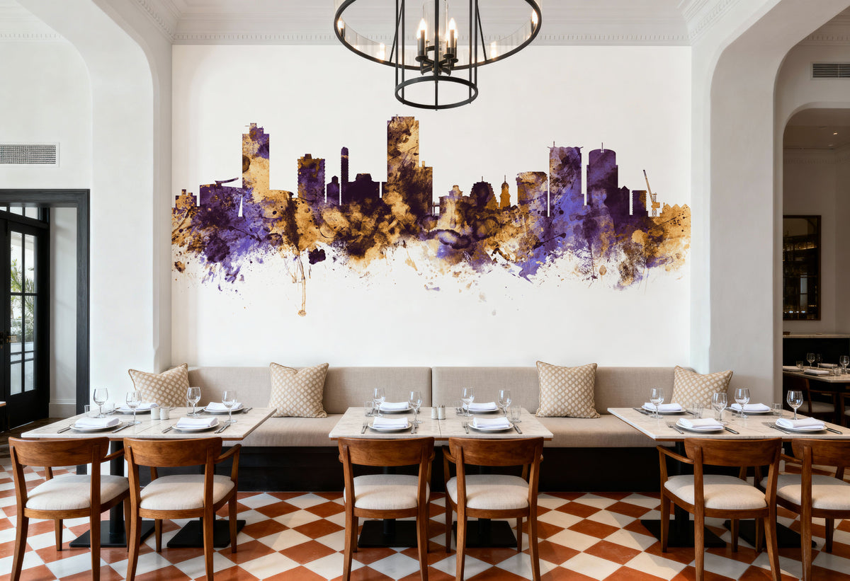 Wellington New Zealand Skyline Purple & Gold Mural Wallpaper - room preview 04