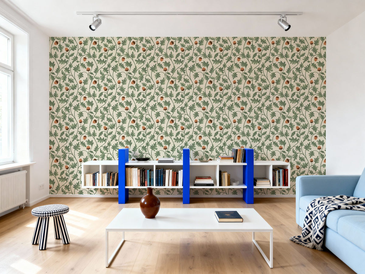 Oak & Acorns, White Mural Wallpaper - room preview 04