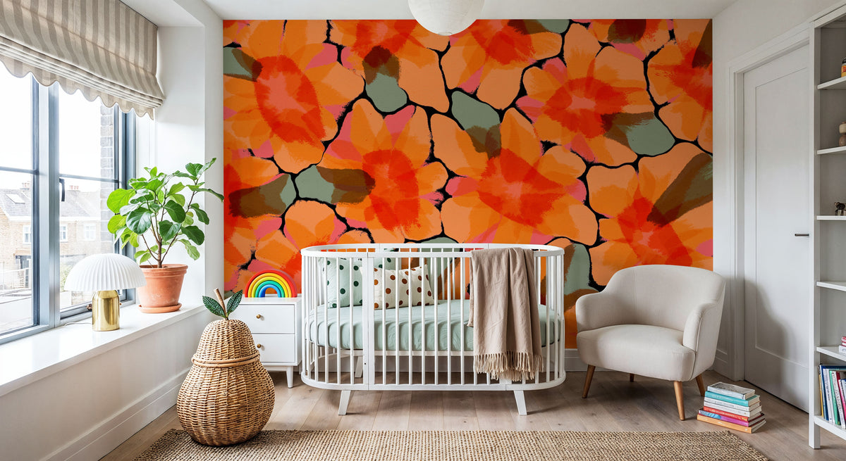 Orange Big Flowers Mural Wallpaper - room preview 04
