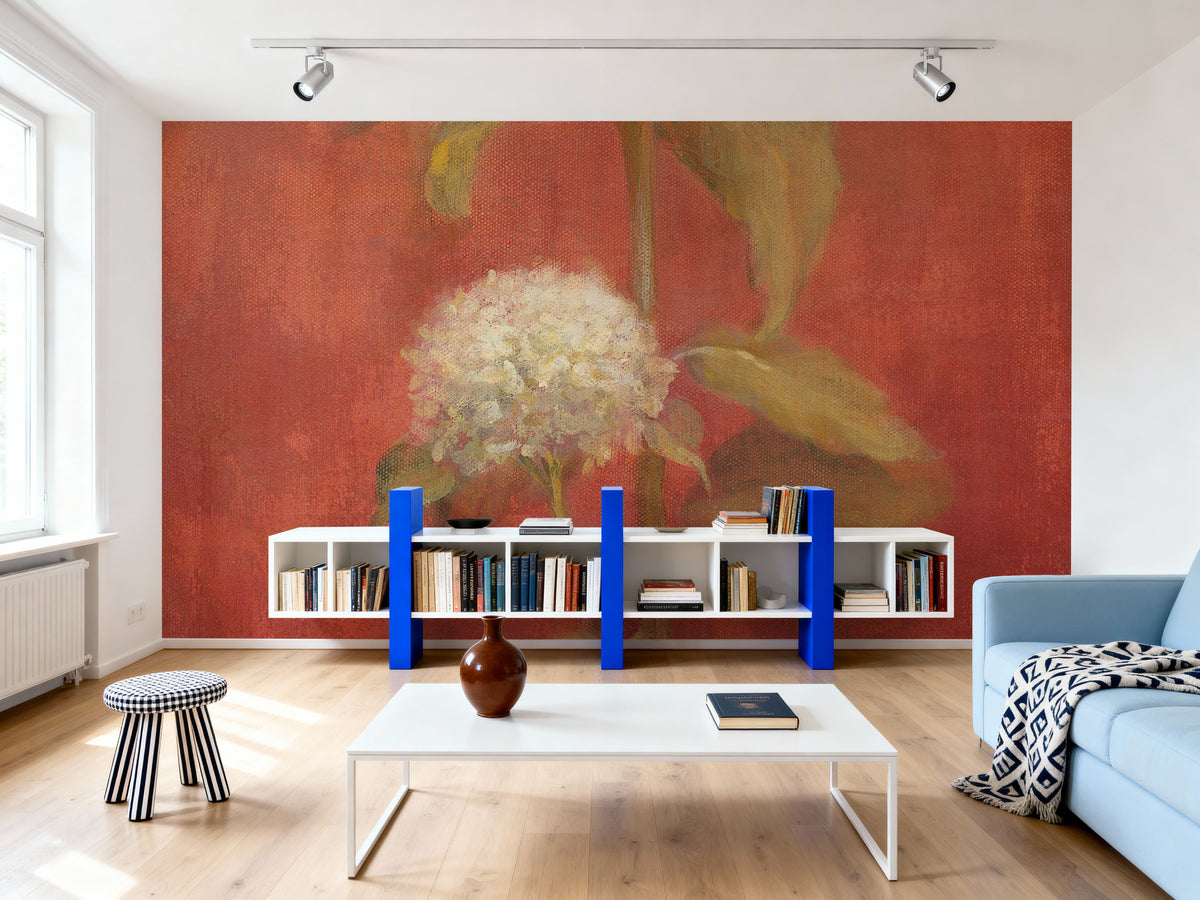 White Hydrangea on Red Mural Wallpaper - room preview 04