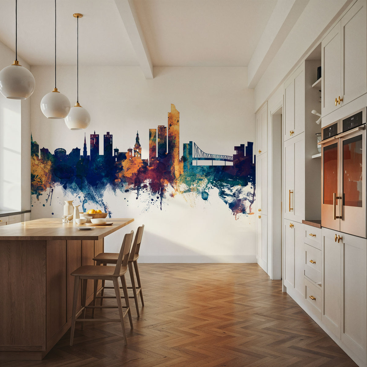 Oslo Skyline Blue & Bronze Mural Wallpaper - room preview 04