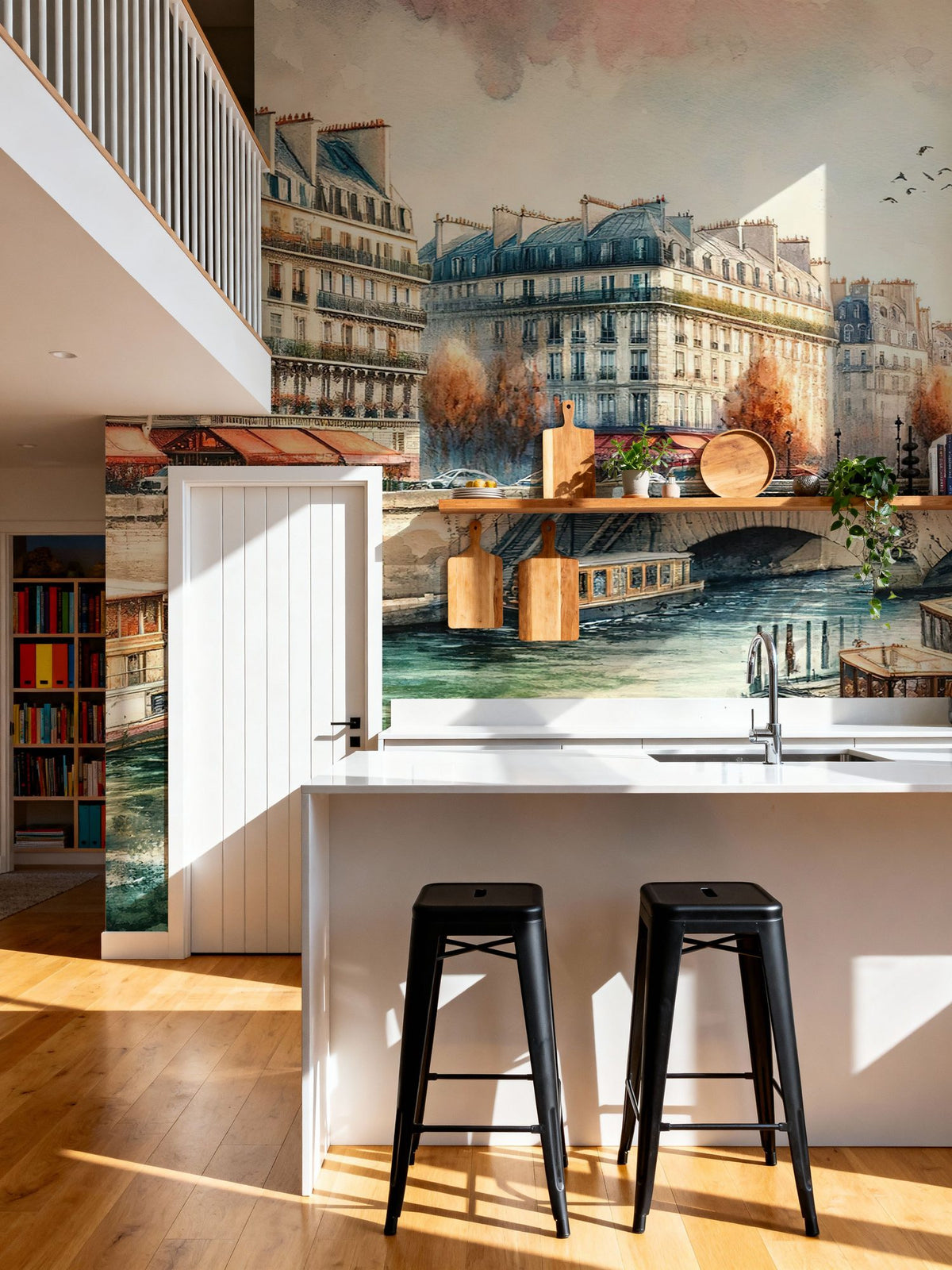 Parisian River Scene with Eiffel Tower Mural Wallpaper - room preview 04