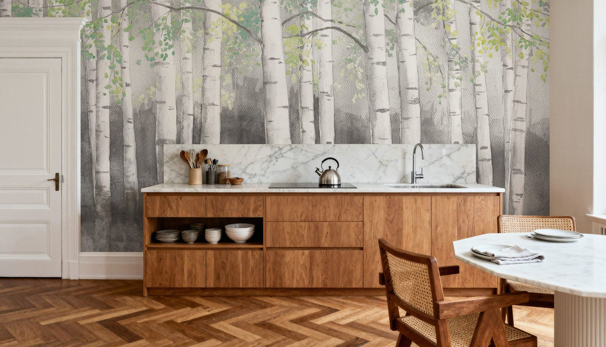 Soft Birches Charcoal Mural Wallpaper - room preview 04