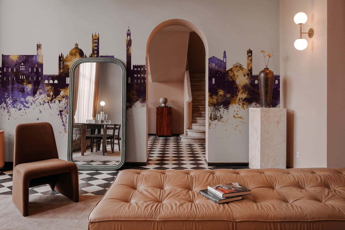 Siena Italy Skyline Purple & Gold Mural Wallpaper - room preview 04