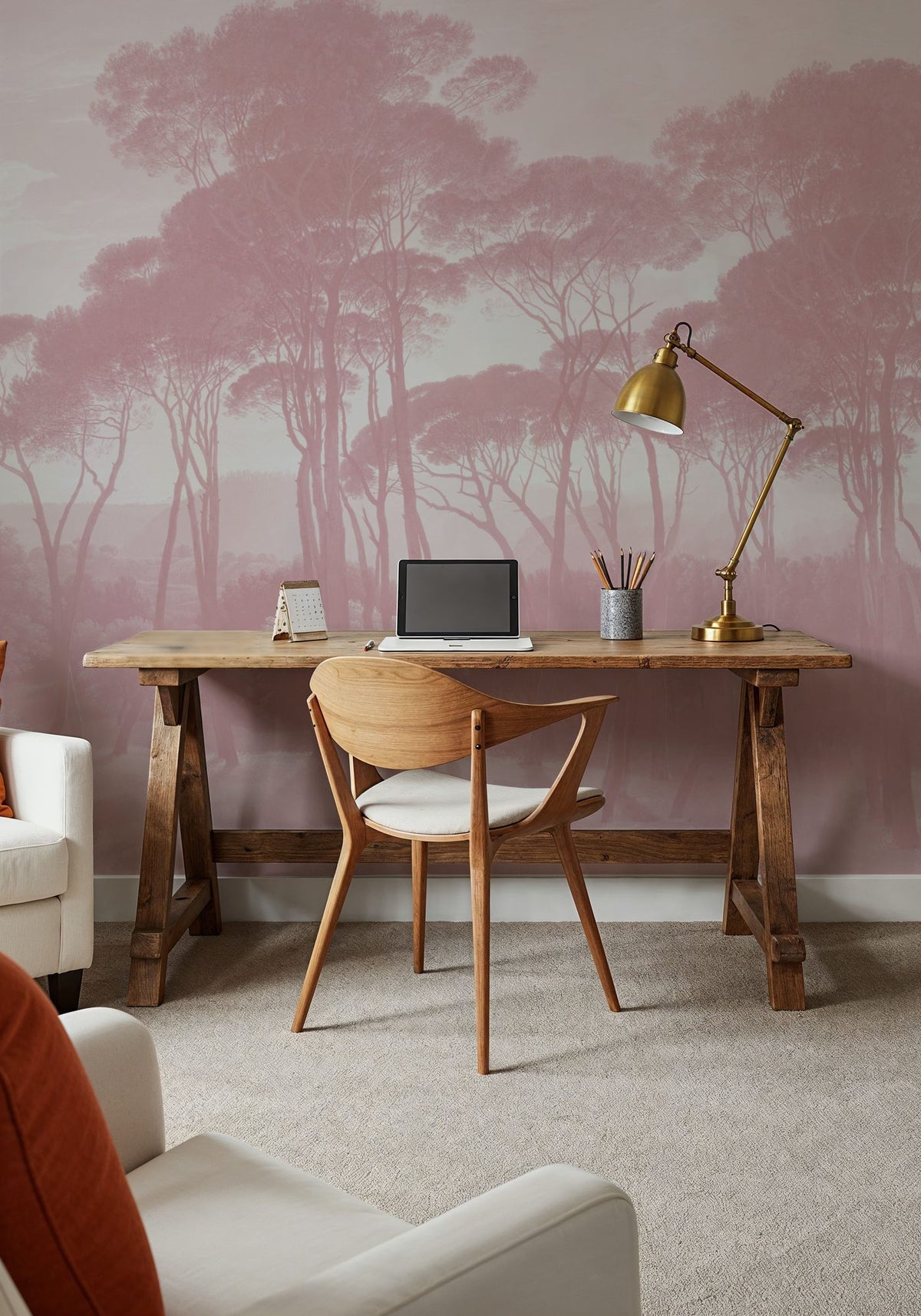 Mediterranean Pine Landscape, Dusty Pink Mural Wallpaper - room preview 04
