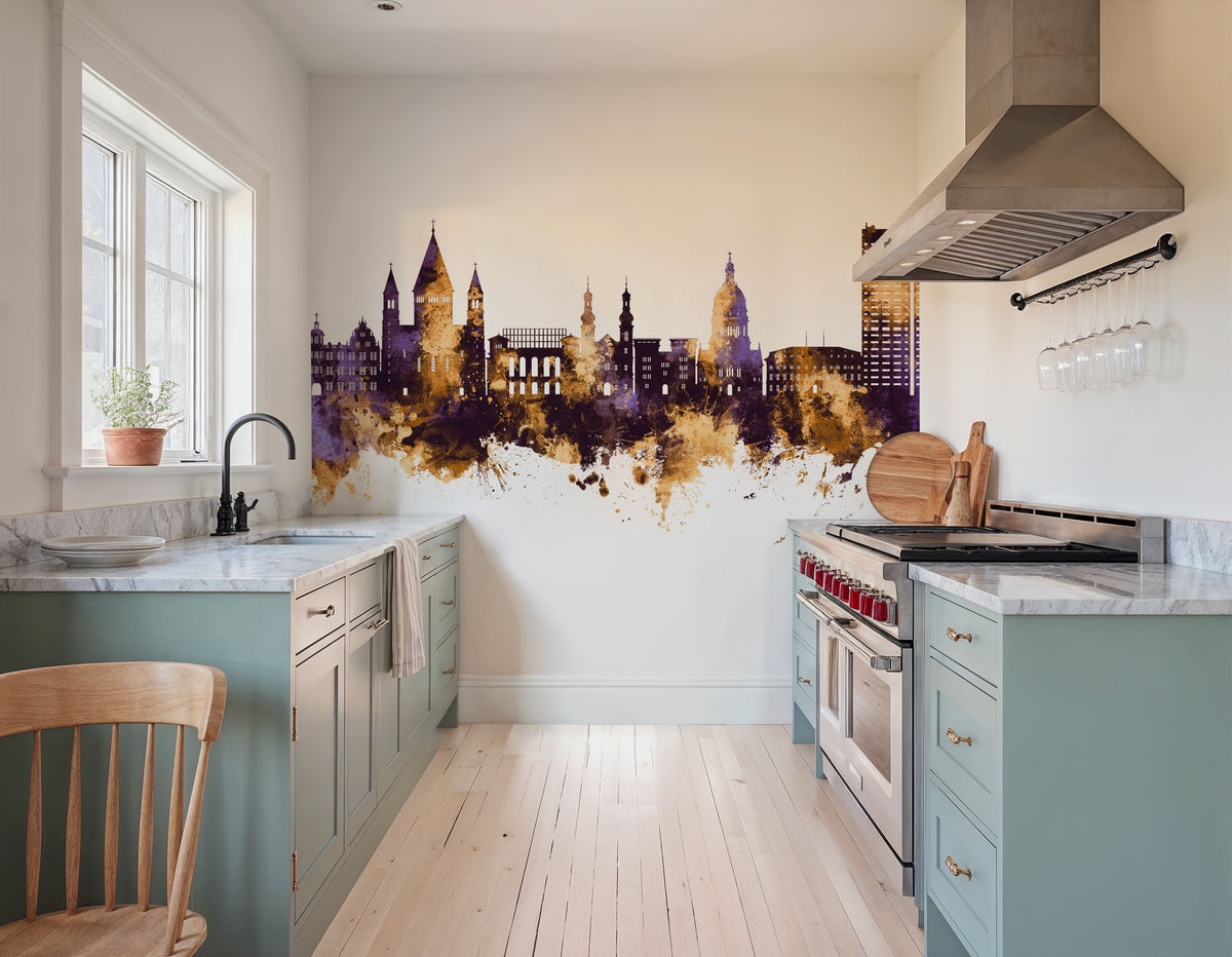 Mainz Germany Skyline Purple & Gold Mural Wallpaper - room preview 04