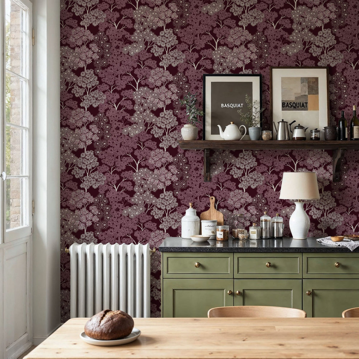 Overleaf Woodland Pattern, Burgundy Mural Wallpaper - room preview 04