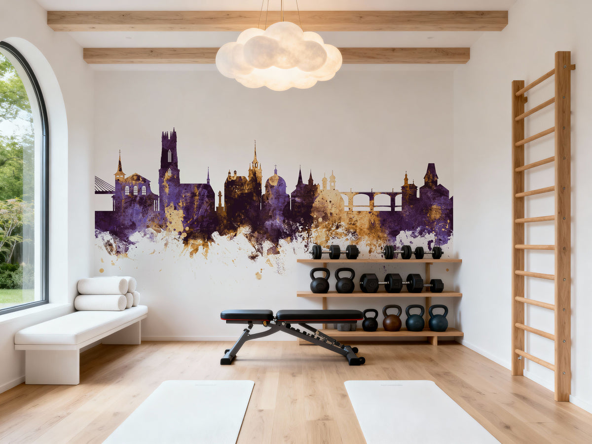 Fribourg Switzerland Skyline Purple & Gold Mural Wallpaper - room preview 04