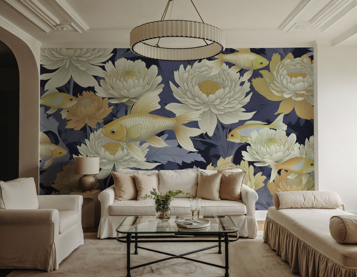 Dancing Fish, Yellow on Purple Mural Wallpaper - room preview 04