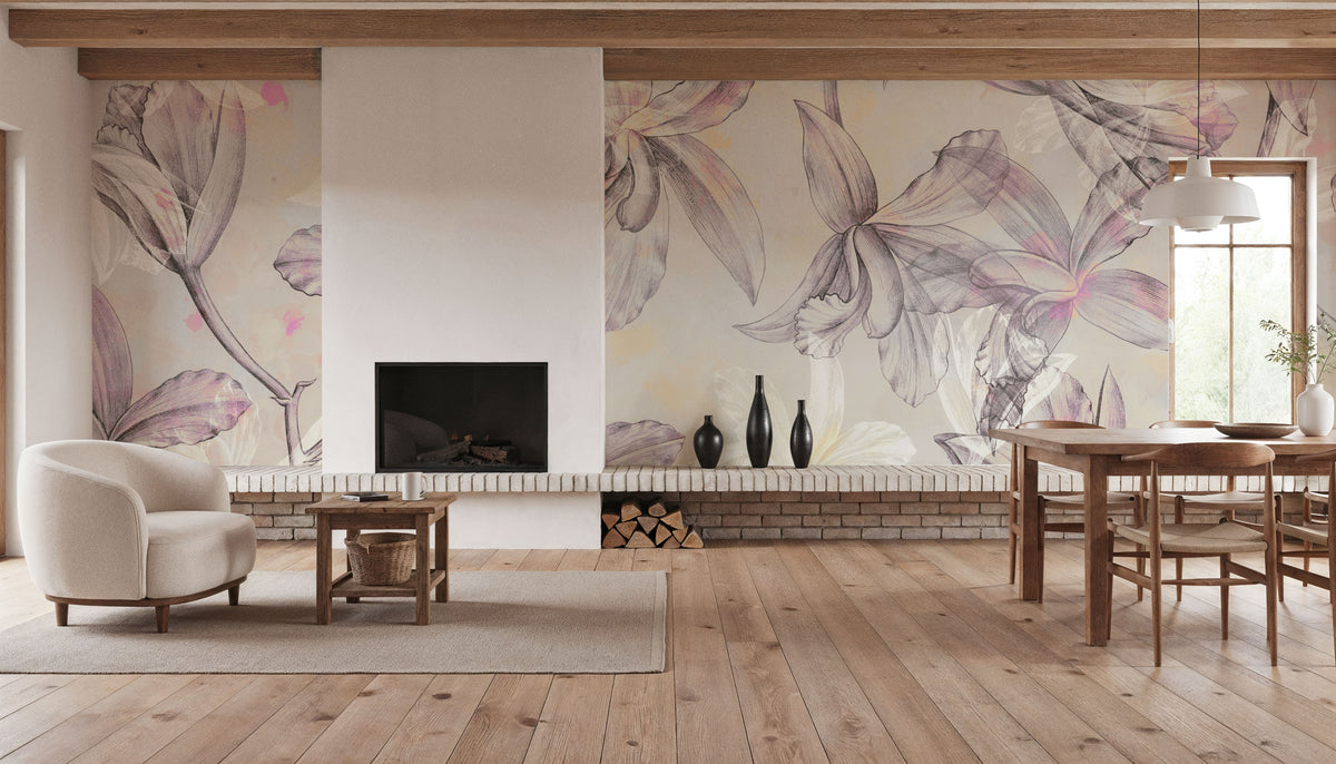 Orchids on Water Mural Wallpaper - Neutral Tone - room preview 04