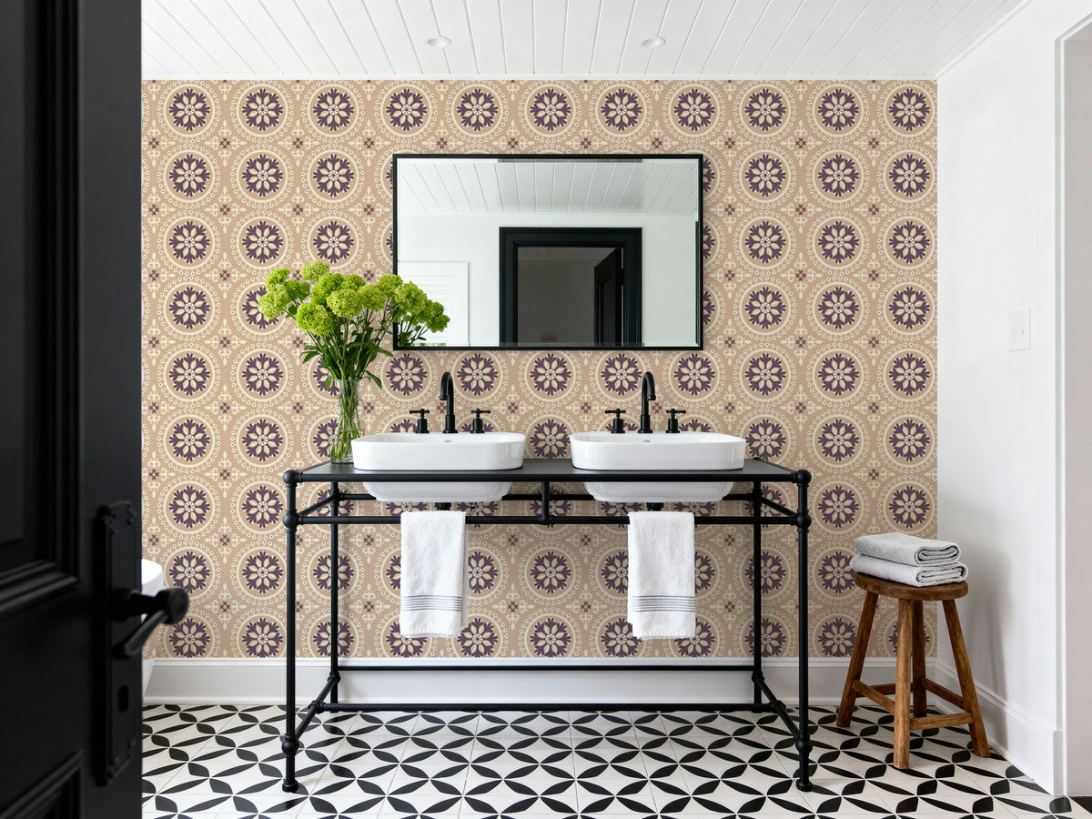 Geo Floral, Beige Mural Wallpaper - room preview 04