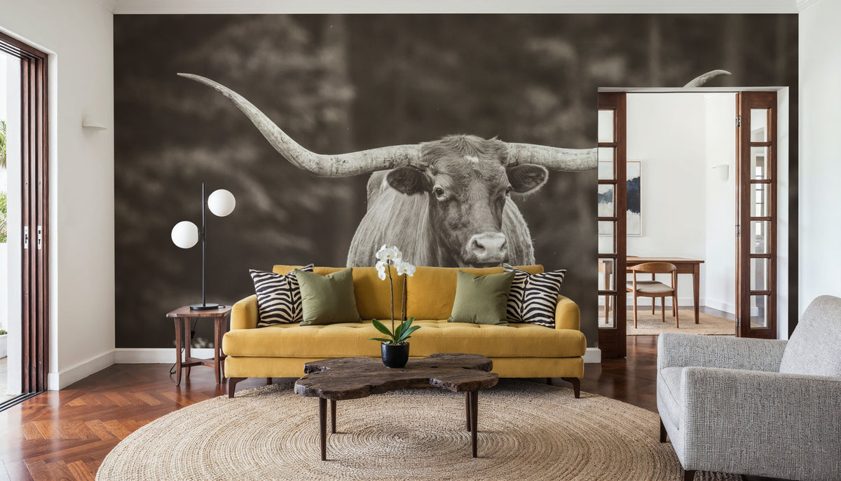Longhorn Flowers Sepia Mural Wallpaper - room preview 04