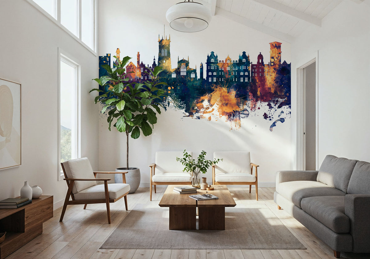 Wigan England Skyline Blue & Bronze Mural Wallpaper - room preview 04