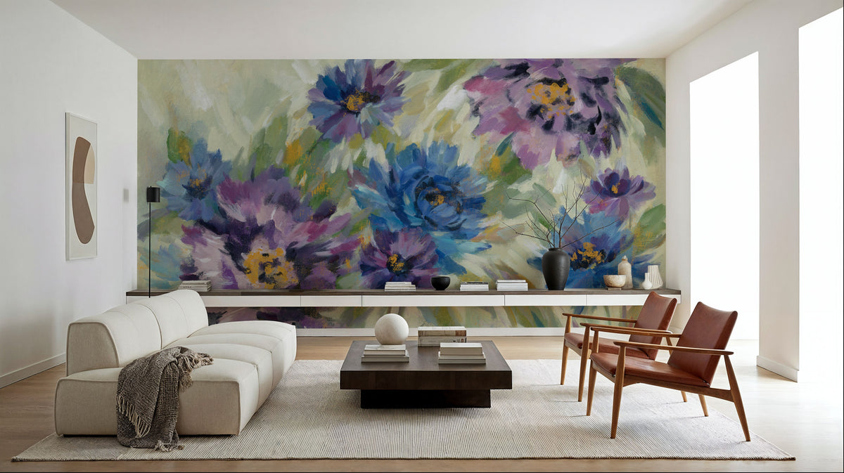 Bold Blue and Lavender Flowers Mural Wallpaper - room preview 04