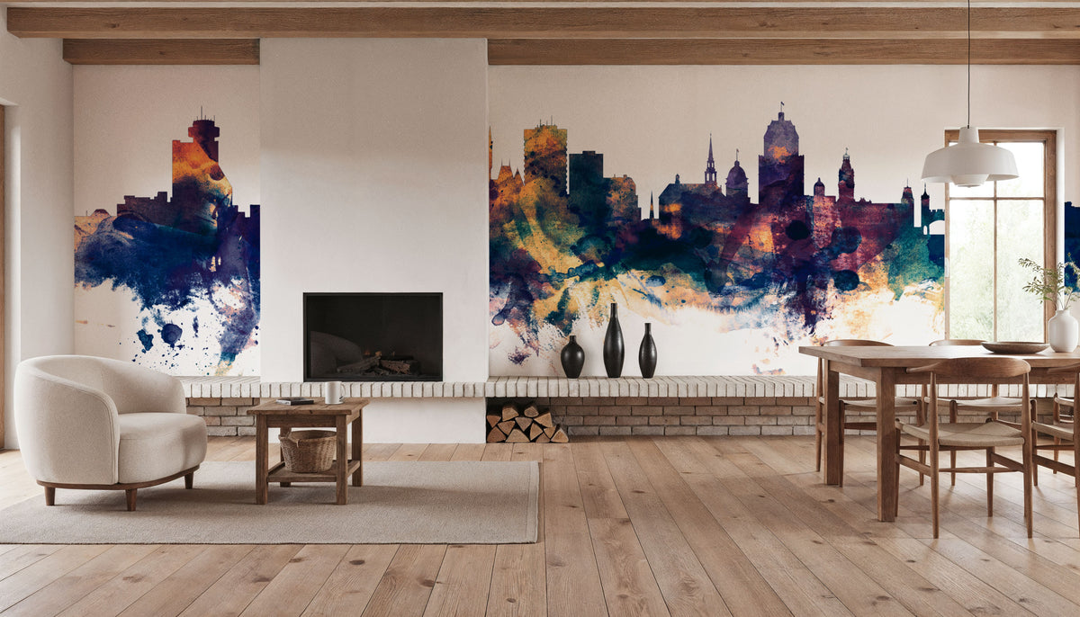 Quebec Canada Skyline Blue & Bronze Mural Wallpaper - room preview 04