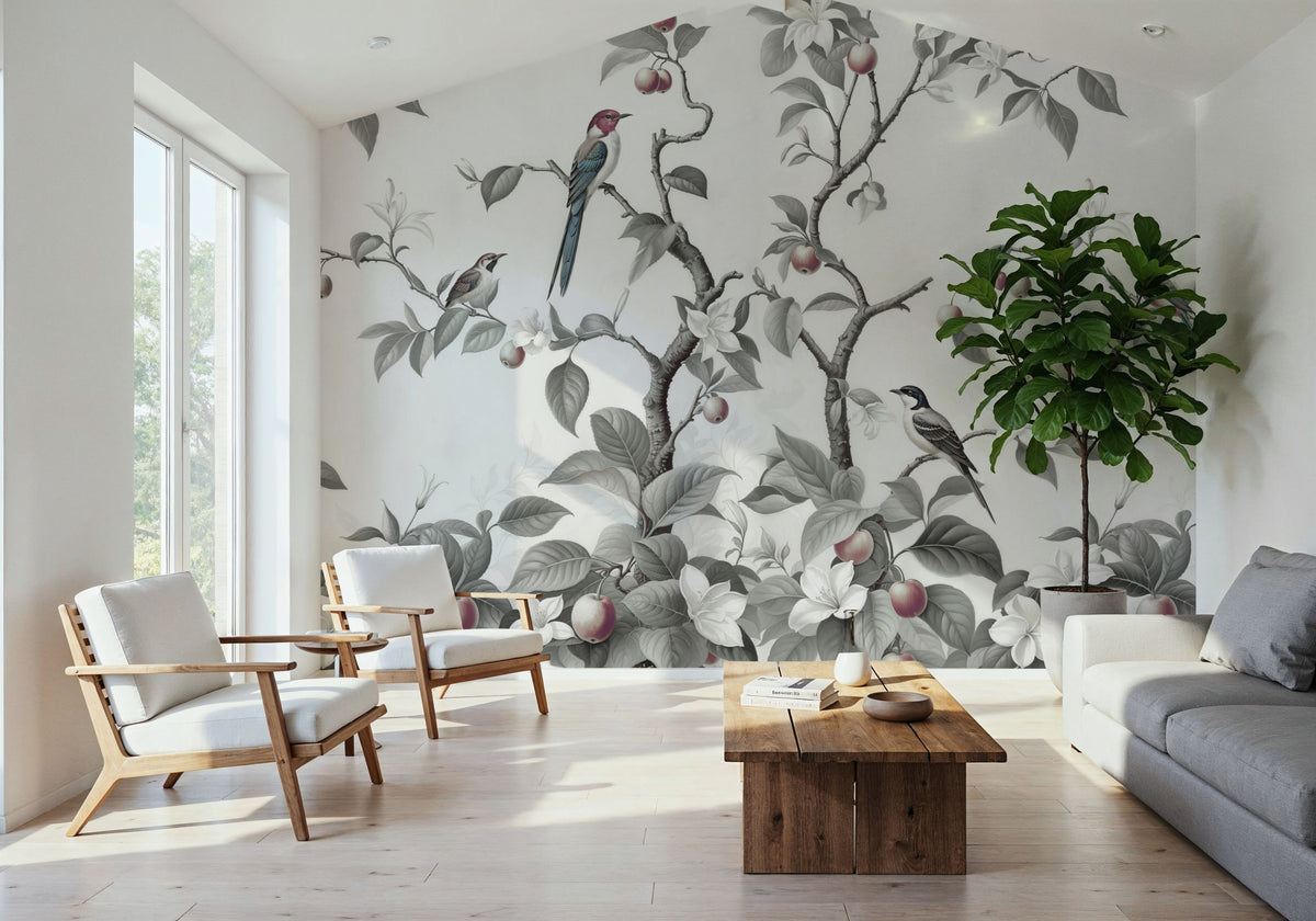 Bird Harmony, Gray Mural Wallpaper - room preview 04