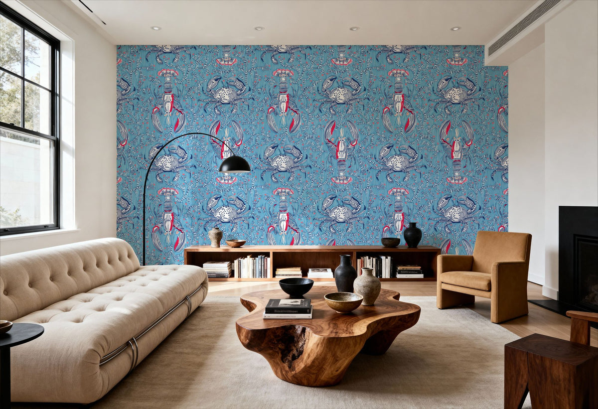 Lobster and Crab Coastal Nostalgia, Blue Mural Wallpaper - room preview 04
