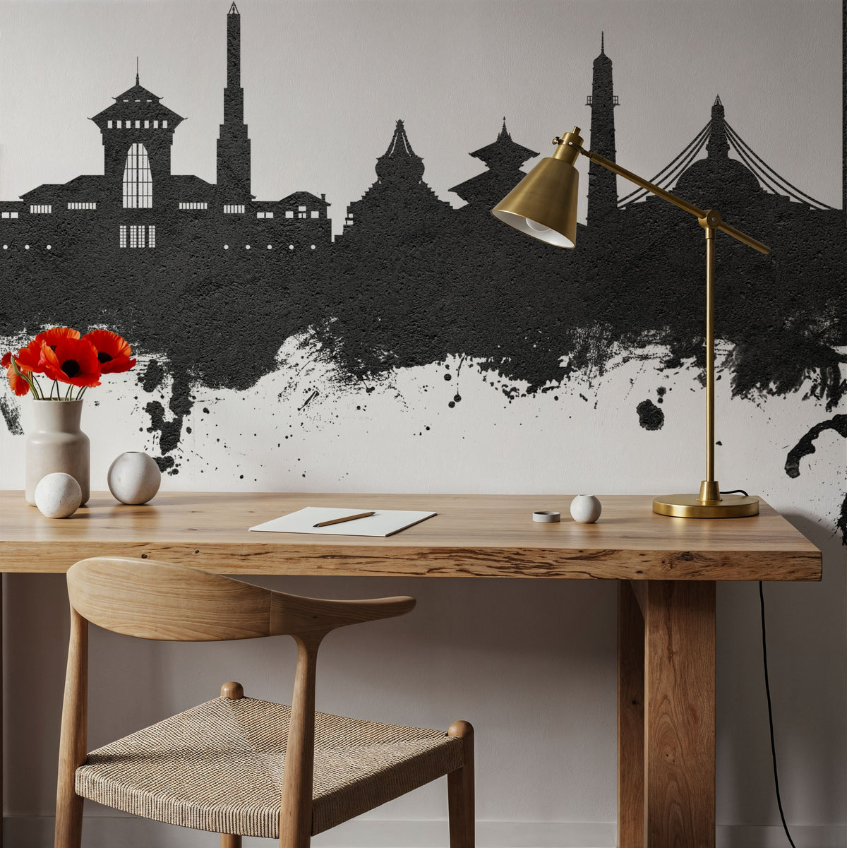 Kathmandu Nepal Skyline Black & White Mural Wallpaper - room preview 04