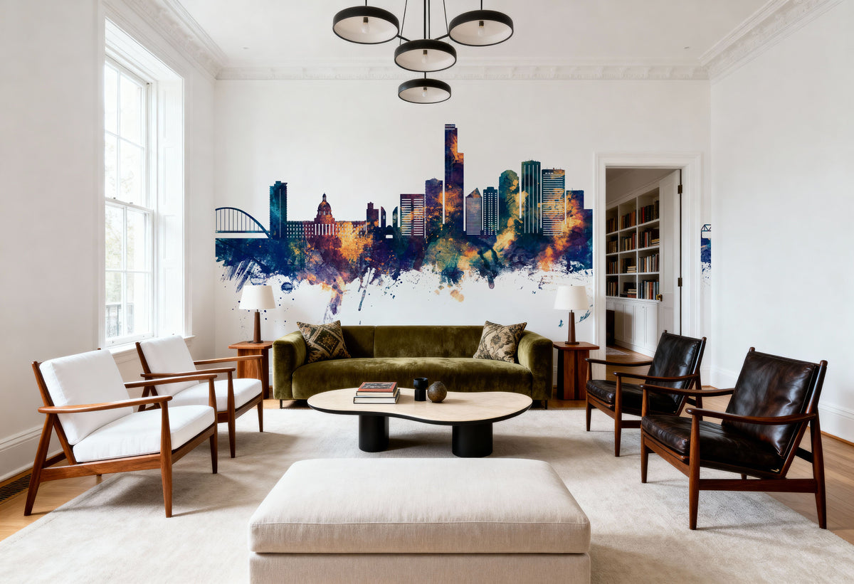 Edmonton Canada Skyline Blue & Bronze Mural Wallpaper - room preview 04