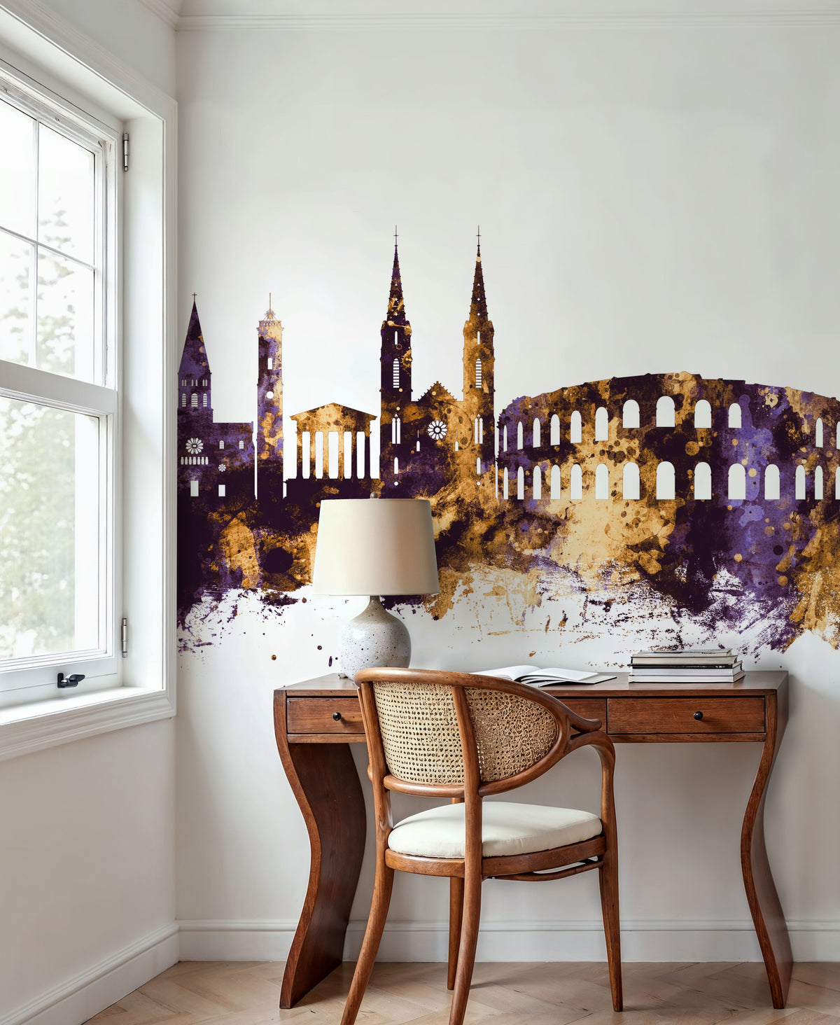 Nîmes France Skyline Purple & Gold Mural Wallpaper - room preview 04