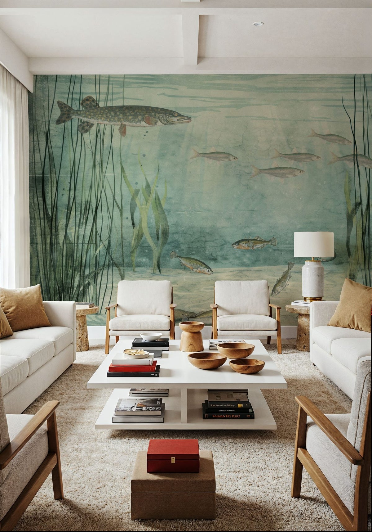 Lake Underwater Life with Pike, Light Mural Wallpaper - room preview 04
